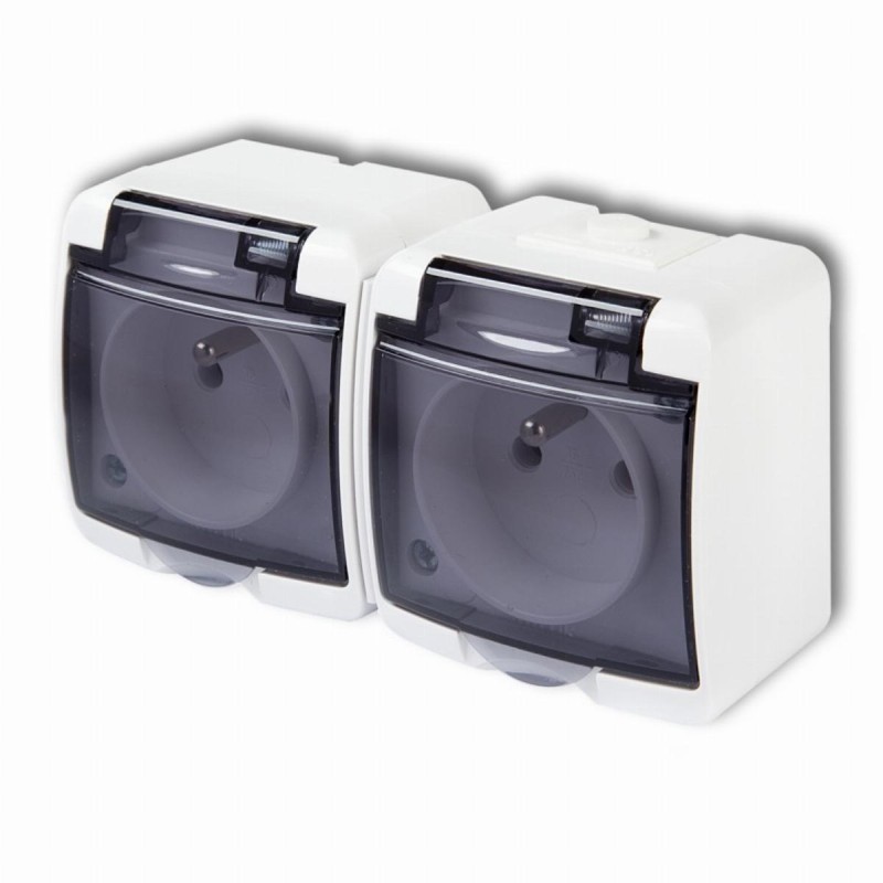 JUNIOR Gniazdo podwójne z/u (klapka dymna) biały IP54 GHE‑2d