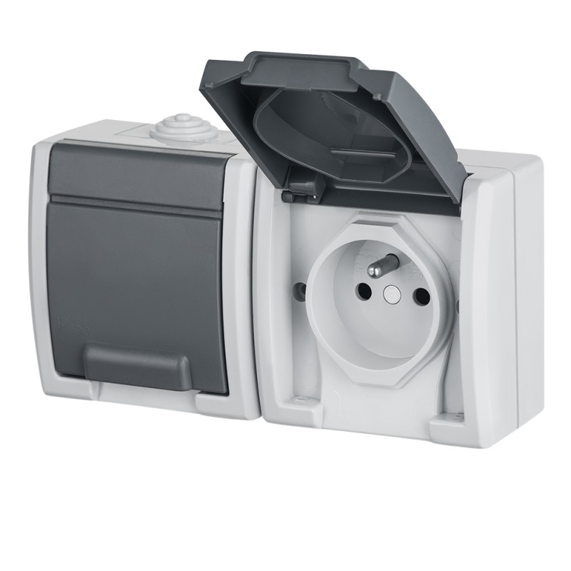 AQUANT gniazdo natynkowe podwójne z uziemieniem 2x2P+Z poziom IP 55 - kolor szary 7035/7043