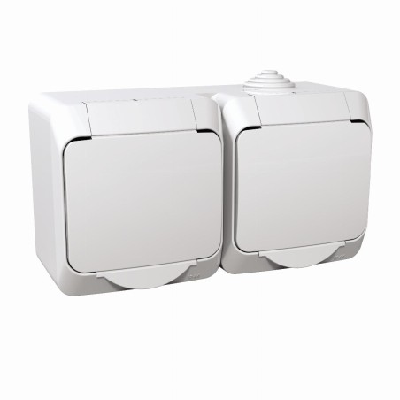 Cedar Plus, gniazdo podwójne 2P+PE z białą klapką, IP44, biały