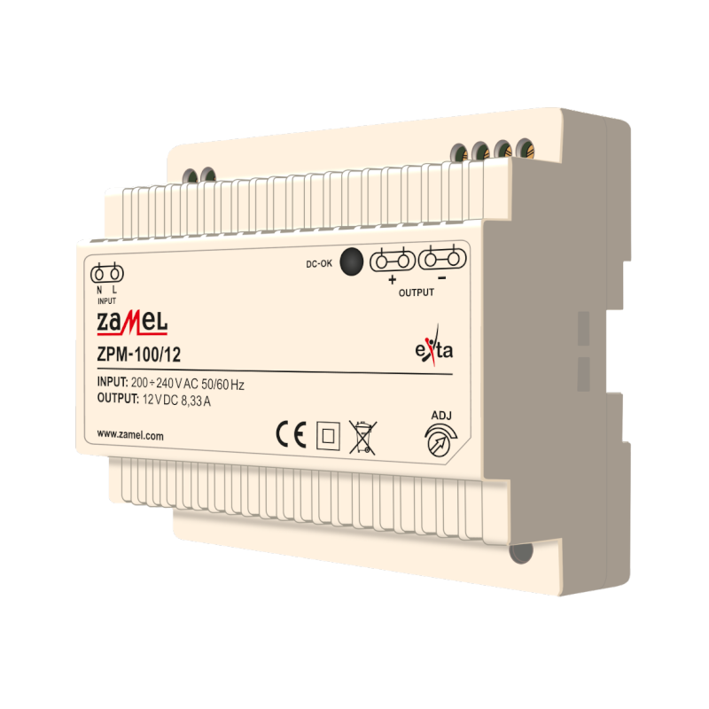 ZASILACZ IMPULSOWY 12V DC, 100W, TH-35 TYP: ZPM-100/12 ZASILACZ IMPULSOWY 12V DC, 100W, TH-35 TYP: ZPM-100/12