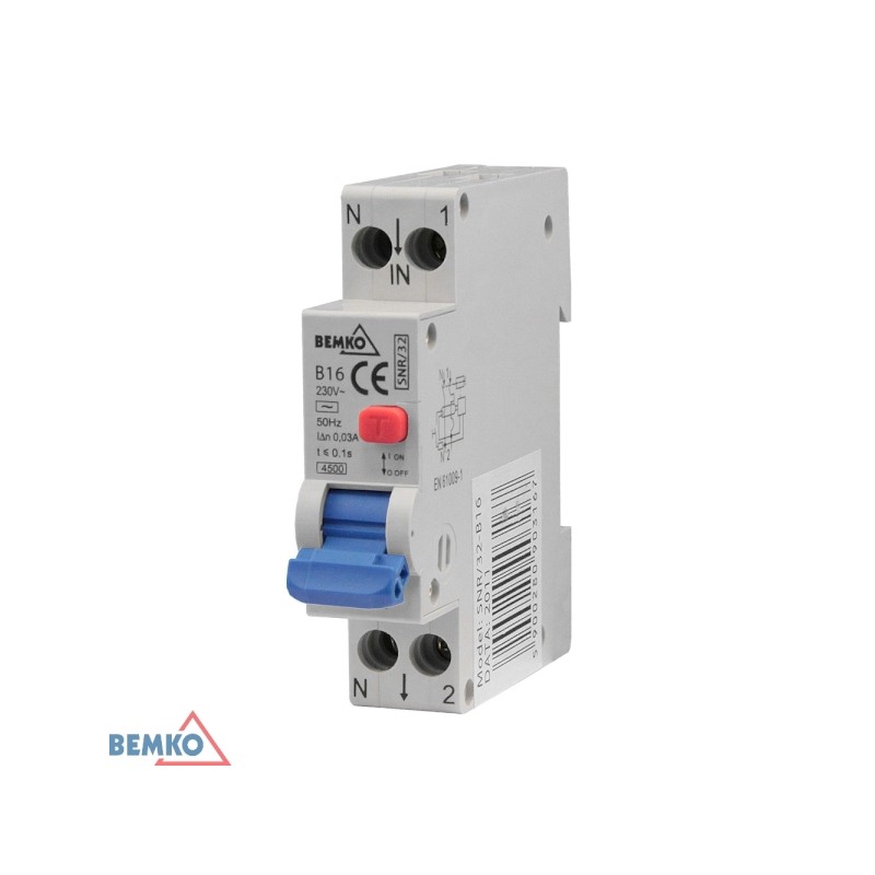 WYŁĄCZNIK RÓŻNICOWOPRĄDOWY 16A 30mA TYP AC 1P B | S-A07-SNR-AC-32-B16 | BEMKO