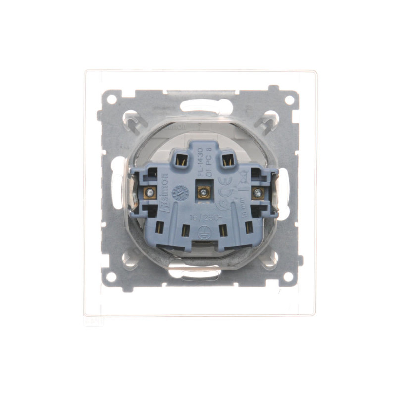 Simon 54 Gniazdo bryzgoszczelne z/u IP44 z przesłoną torów i klapką pełną białe DGZ1BZ.01/11