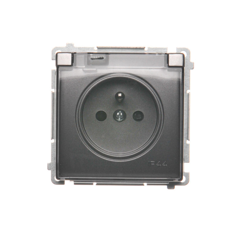 Simon Basic Gniazdo bryzgoszczelne z/u IP44 z przesłoną torów i klapką stal inox BMGZ1Bz.01/21a