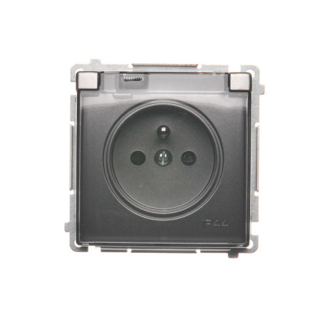 Simon Basic Gniazdo bryzgoszczelne z/u IP44 z przesłoną torów i klapką stal inox BMGZ1Bz.01/21a