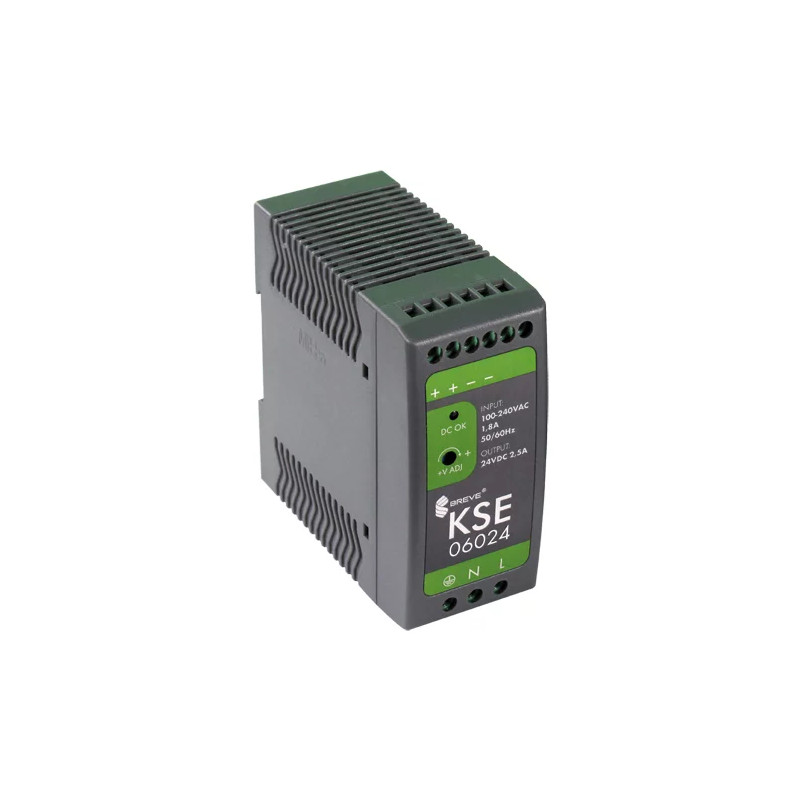 Zasilacz impulsowy na szynę DIN TH-35 z możliwością reg. napięcia KSE 06024P 230/ 24V DC 2,5A