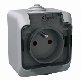Cedar Plus, gniazdo pojedyncze 2P+PE z przydymioną klapką, IP44, szary