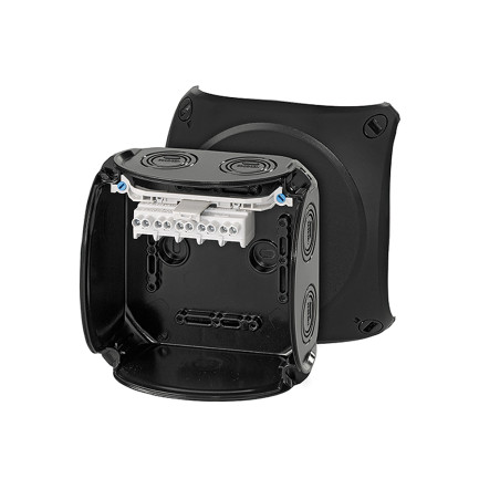 KF 0604 B Puszka do inst. zewn., czarna, IP 66/IP 67, 130x130x77, z zac. 5-bieg., 4 mm2, Cu