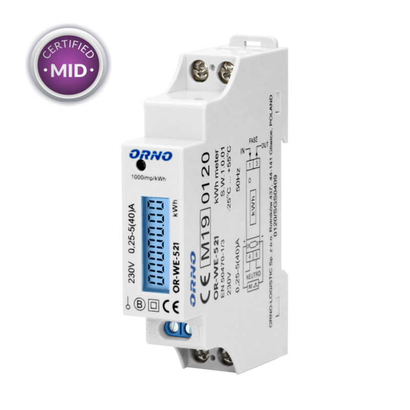 Licznik energii elektrycznej jednofazowy podświetlany MID 40A TH35 OR-WE-521