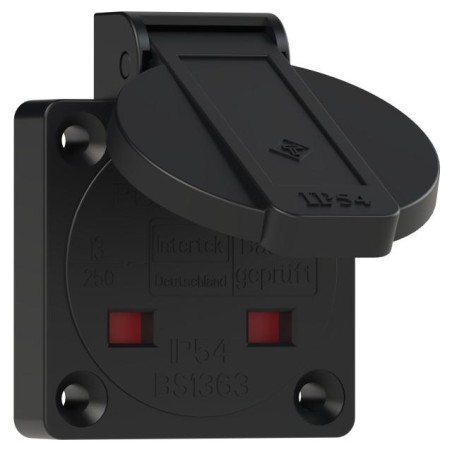 Gniazdo tablicowe wersja ANGIELSKA 13A 2P+Z 230V 50/60Hz IP54, boczne podłączenie kołnierz 50X50, styki niklowane